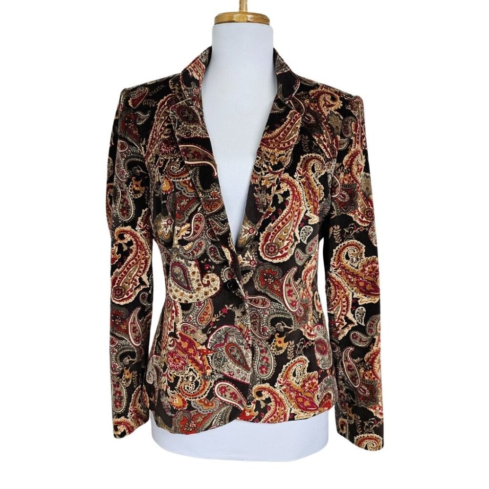 Talbots Velvet Blazer Womens 8P Black Red Paisley Silk Blend Lined Party Jacket - Picture 1 of 12